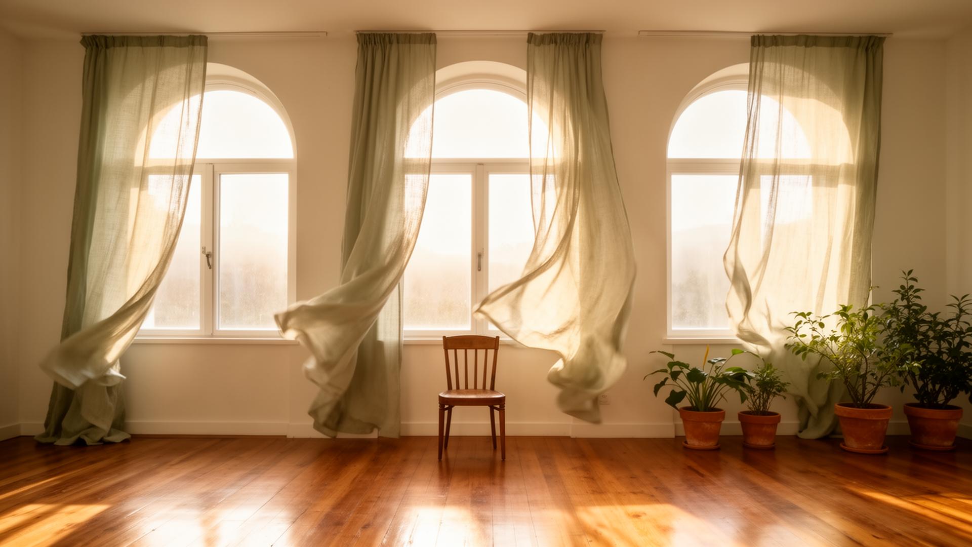 A sunlit room with arched windows